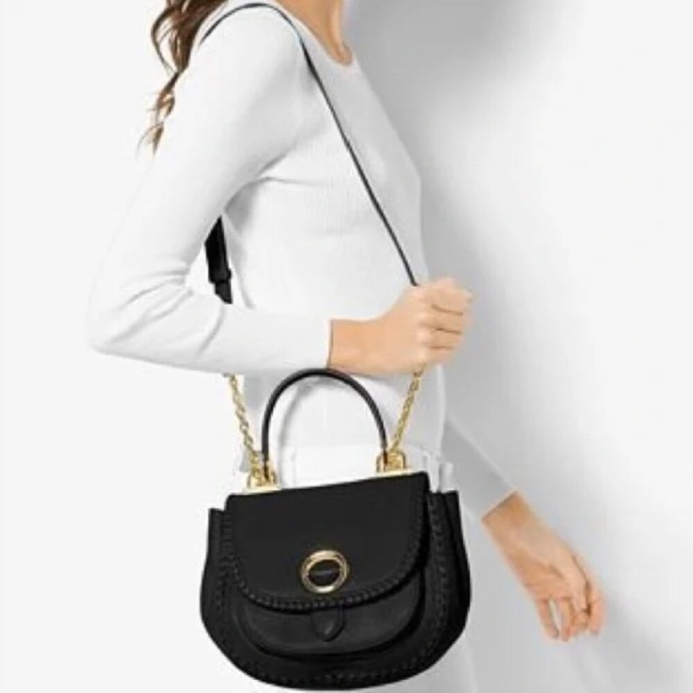 Michael Kors Isadore Med Top Handle Messenger Bag Pebble Leather Black Ring